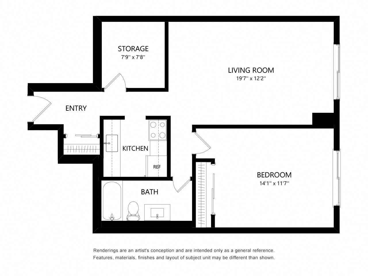 Floor plan for 1 bed, 1 bath, 716 sqft